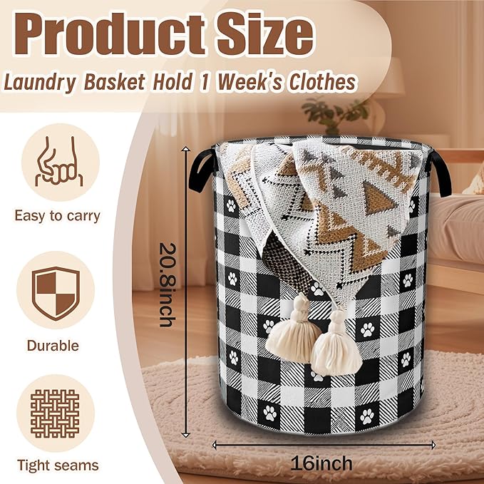 Black White Plaid Laundry Basket,Waterproof Foldable Cat Paws Laundry Hamper,Dirty Clothes Basket, Linen Bin Storage Organizer Collection 16" x 20.8"