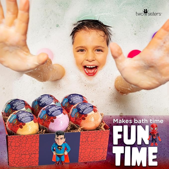 Superhero Bath Bombs for Kids with Surprise Toys Inside (6 Pack) - Large Bubble Bomb Fizzies for Boys, Girls, & Toddlers - Boys Easter Basket Stuffers, Fruity Scents, Made in USA by Two Sisters