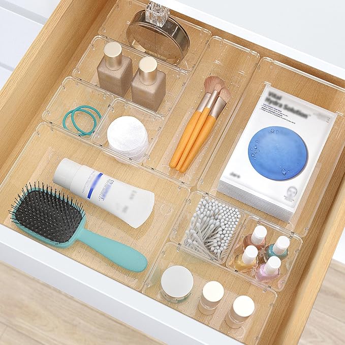 23 PCS Clear Plastic Drawer Organizers Set, 4 Size Desk Drawer Organizer Trays for Makeup, Jewelry, Kitchen Utensils, Gadgets and Office Accessories