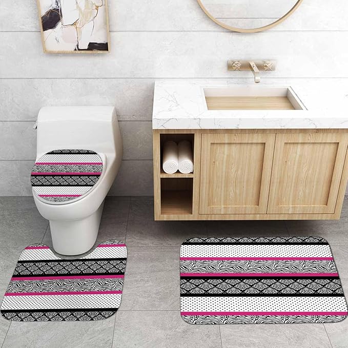 4PCS Patchwork Shower Curtain Sets with Rugs, Waterproof Fabric Black and White Shower Curtain, Abstract Zebra Striped Hot Pink Safari Wildlife Wild Animal Skin Polka Dot Modern Bathroom Decor