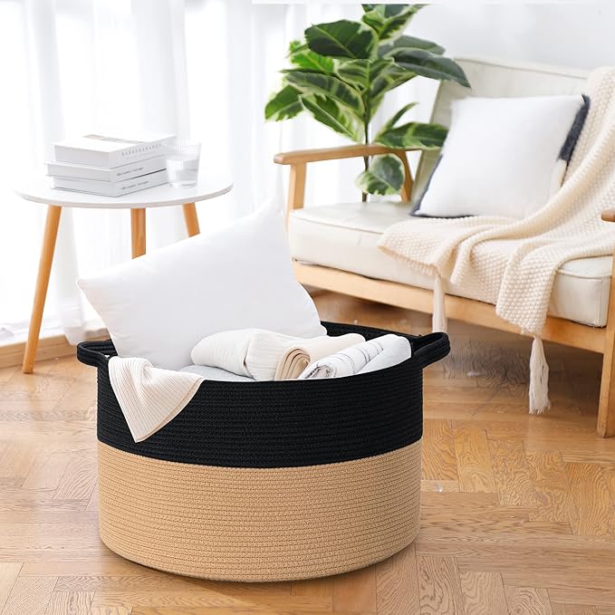 Extra Large Storage Basket, 22" X 14" Blanket Storage for Living Room, Decorative Kids Dog Toy Bin Box, Big Woven Cotton Rope Baskets for Organizing, Farmhouse Blanket Pillow Holder Organizer