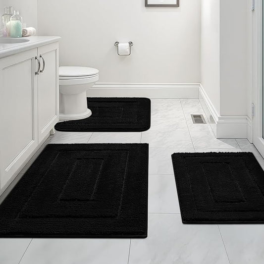 GRANNY SAYS Bathroom Rugs Sets 3 Piece, Soft Absorbent Microfiber Bath Mats for Bathroom Non Slip Washable, U-Shaped Toilet Bath Rugs for Tub Shower (Black, 16" x 24" + 20" x 32" + U Shaped 20" x 24")