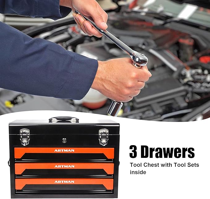 20" Portable 3 Drawer Steel Toolbox,Built in Tool Set,4 Layers of Tools with Metal Latches, with Top Storage Tray and carrying Handle, Multi-Function Tool Storage for Garage, Home,or Workbench