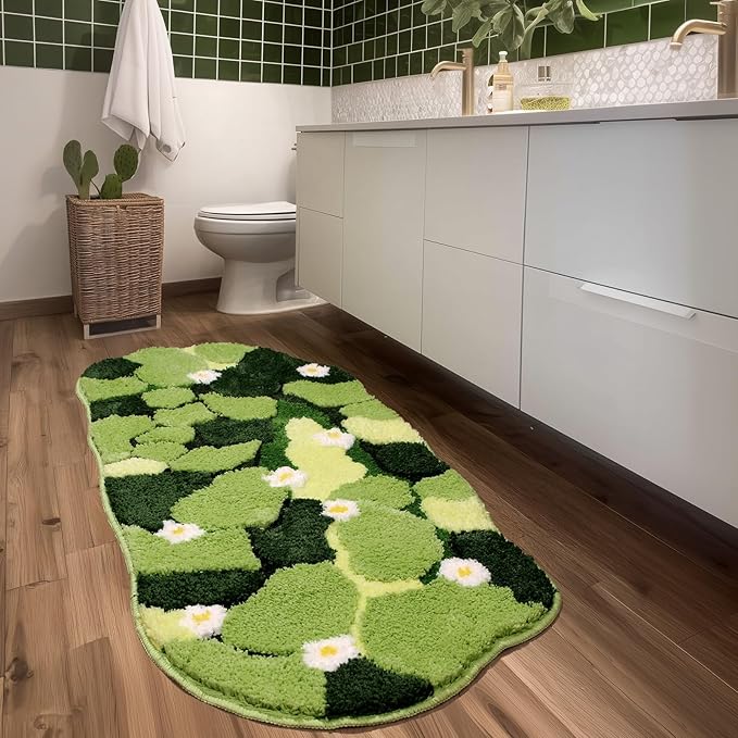 Green Long Bathroom Rug - Moss Bathroom Runner Rug Absorbent & Non Slip Plush Bath Mat, Decorative Washable Soft Green Runner Rug for Bath, Tub, Sink, Bedroom