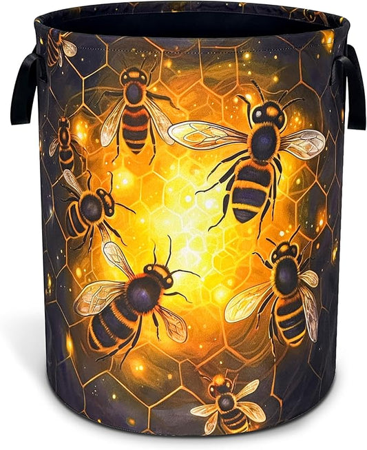 Queen Bee Laundry Basket Oxford Cloth Bee Honeycomb Laundry Hamper With Handle Foldable Portable Clothes Storage Basket 18.9 X 16.5 In Storage Bag For Laundry Room/Bathroom/Bedroom/Dormitories