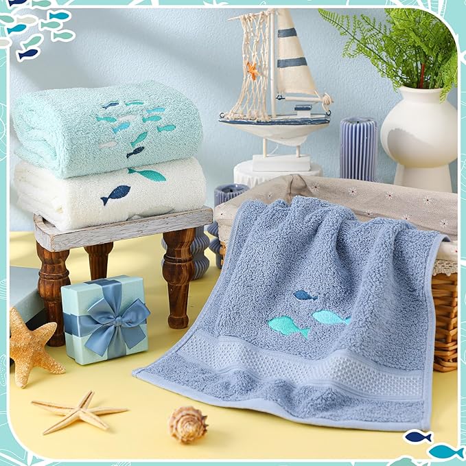 3 Pack Shoal of Fish Coastal Hand Towels for Bathroom 100% Cotton Embroidered Bathroom Towels 13.78 x 29.53 Inch Soft Absorbent (White Green Blue, Fishes)