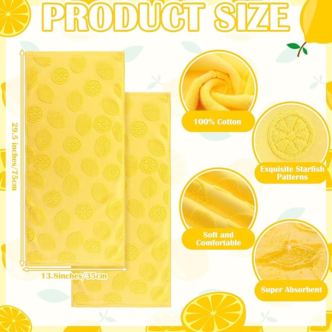 2 Pcs Lemon Hand Towels for Bathroom 100% Cotton Jacquard Weave Bath Towel Set Soft Absorbent Dish Washcloth for Bathroom Kitchen Tropical Theme Gifts 13.8 x 29.5 Inch (Lemon Yellow)