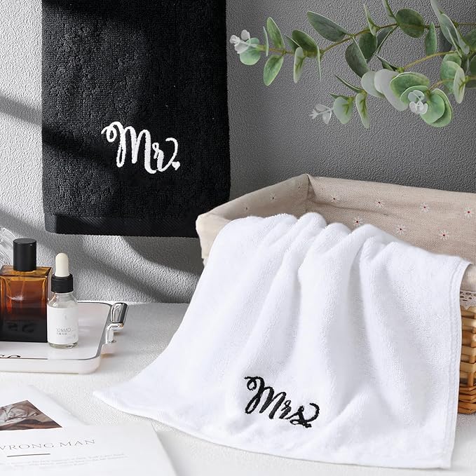 2 Pcs Mr. and Mrs. Hand Towels 100% Cotton Embroidered Bathroom Towel Wedding Mr. and Mrs. Gift for Valentine's Day Couple, Anniversary Bathroom Decor 29 x 13 Inch