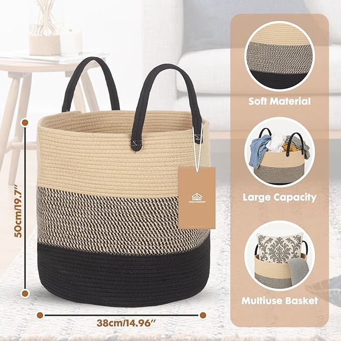 ShellKingdom Laundry Basket, Large Natural Rope Woven Storage Basket with Handles for Home, Living Room, Laundry, Storage Organizer for Blankets, Clothes, Toys, 19.7 x 14.9 INCH (3-Toned Khaki Black)