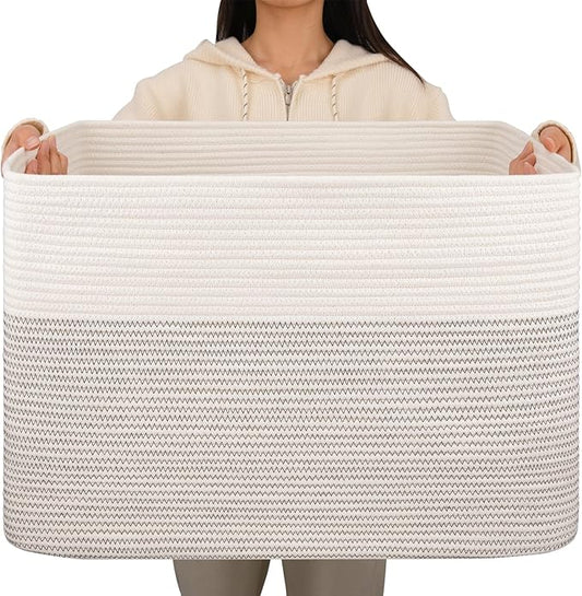 OIAHOMY 108L Extra Large Blanket Basket, 25”x16”x16” Laundry Basket, Blanket Storage for Living Room, Dog Toy Storage with Handle - Black & White
