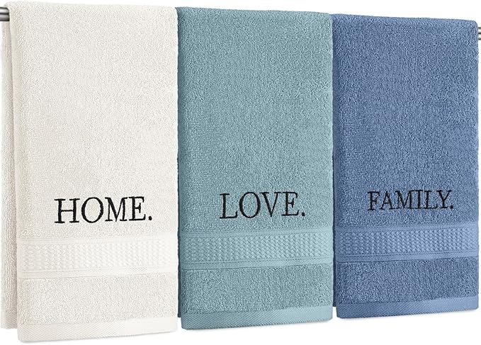 3 Pcs Home Love Family Decorative Hand Towels for Bathroom and Kitchen Rustic Embroidered 100% Cotton Hand Towels Decorative Set for Bathroom Kitchen Decor