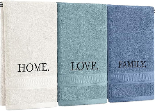 3 Pcs Home Love Family Decorative Hand Towels for Bathroom and Kitchen Rustic Embroidered 100% Cotton Hand Towels Decorative Set for Bathroom Kitchen Decor