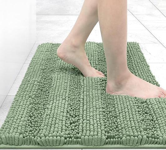 Grandaily Chenille Striped Bathroom Rugs 24x16, Extra Thick and Absorbent Bath Mats, Non-Slip Soft Plush Shaggy Shower Carpet, Machine Wash Dry, Bath Rug for Bathroom, (Small, Grayish Green)