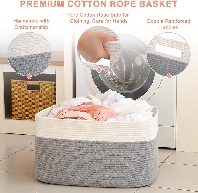 75L Large Blanket Basket, Toy Basket Bin for Kids, Cotton Rope Woven Storage Baskets for Living Room, Bedroom, Nursery, Baby Room Decorative Organizer, 22''×17''×12'', Grey and White