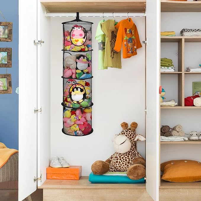 Hanging Stuffed Animal Storage, Foldable Corner Stuffed Animal Storage Organizer 4 Compartments Toy Storage Organizer for Kid Room Toys, Gloves,Hats,Socks Storage（Black）