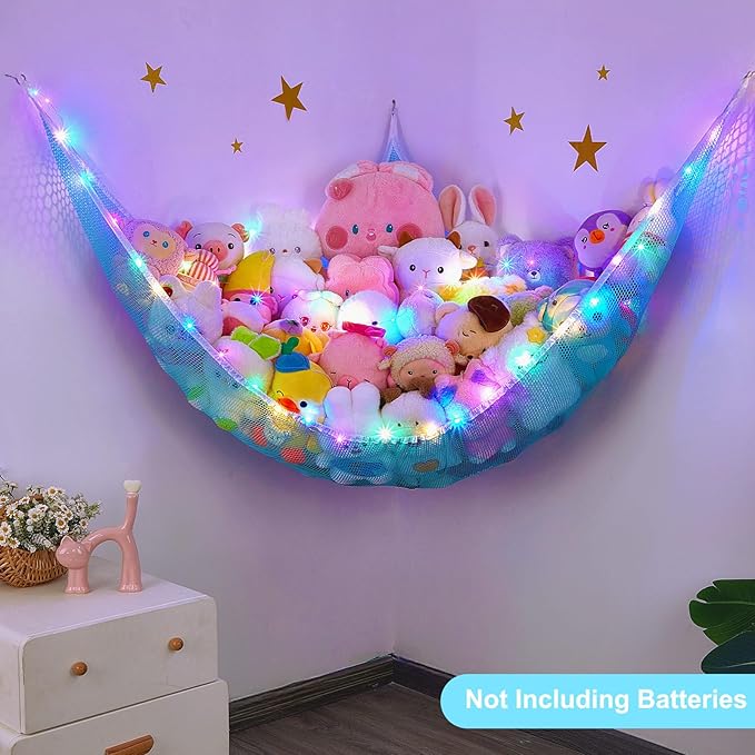 Unicorn Castle Stuffed Animals Net or Hammock Kids Toy Storage Organizer with LED Light Hanging Corner Stuffed Animals Holder Kids Girls Room Decor,Blue,XLarge (Pack of 1)