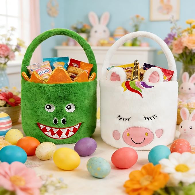 DearSun Set of 2pcs, Easter Basket Adorable Unicorn & Dinosaur Plush Baskets, Easter Egg Hunting Basket for Kids Gifts Party Decoration Supplies, Dia 8" * H 15.7"