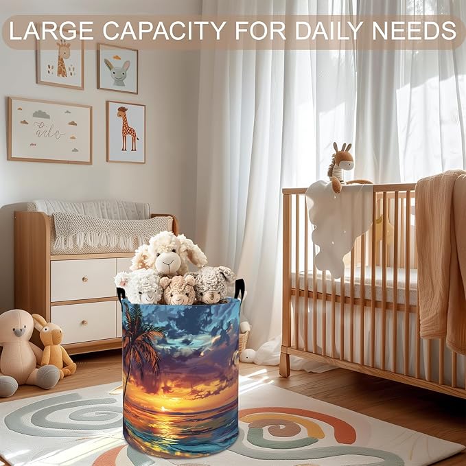 Palm Tree Sunset Laundry Basket Hamper 19.7"x15.8", Beach Foldable Waterproof Oxford Clothes Storage Bucket for Room Bathroom Bedroom Nursery Decor, Toy Organizer Bins Gifts for Kids Boys Girls