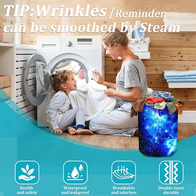 Blue Galaxy Laundry Basket, Universe Starry Sky Laundry Hamper Funny Tote Bag Dirty Clothes Storage Bucket Toy Organizer for Bathroom/Laundry/Bedroom 15.7"x19.6"