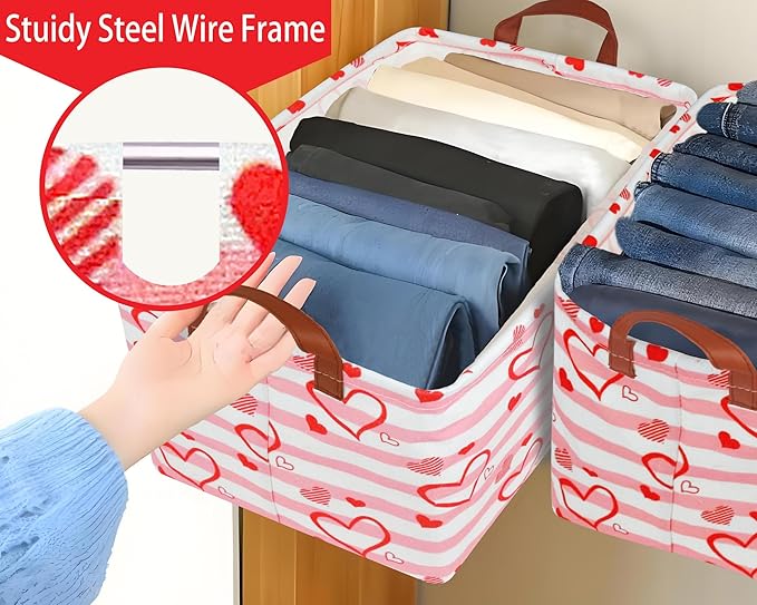 Large Valentine's Day Basket Heart Shaped Storage Bin for Gifts Collapsible Organizer Room Decor (Pink Horizontal Bar Love)