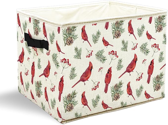 Cardinal Christmas Storage Bins with Handles, Cardinal Lovers Gifts, Winter Red Berry Bird Botanical Collapsible Laundry Basket Storage Box for Home Bedroom Bathroom Clothes Toys Books