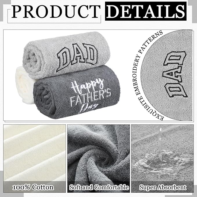 3 Pack Father's Day Hand Towels Christmas Towel Gift 13.4 x 29.2 Inch Cotton Embroidered Best Dad Ever Bathroom Towel Absorbent Super Soft for Bathroom