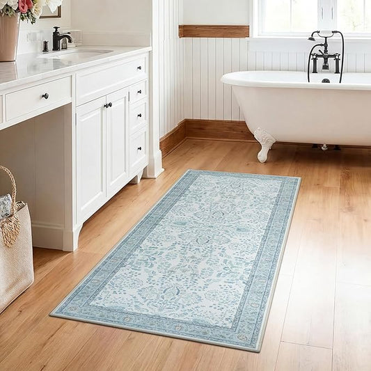 GRANNY SAYS Boho Bathroom Runner 47"x 18" Non-Slip,Quick Dry & Washable Vintage Bath Rug,Distressed Farmhouse Plush Velvet Bath Mat for Sink Shower and Bathtub, Vintage Blue