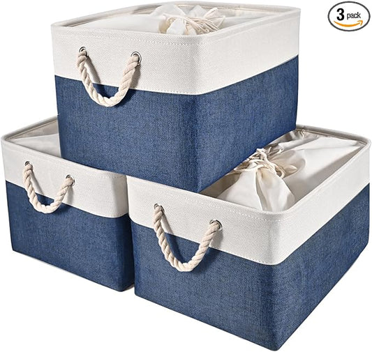 HOdo Home 3PCS Storage Bins, Fabric Bin with Drawstring Closure and 2 Bold Handles, Collapsible Large Canvas Baskets for Organizing Shelf Nursery Home Closet (15.8×11.8×9.5 In, White and Navy)