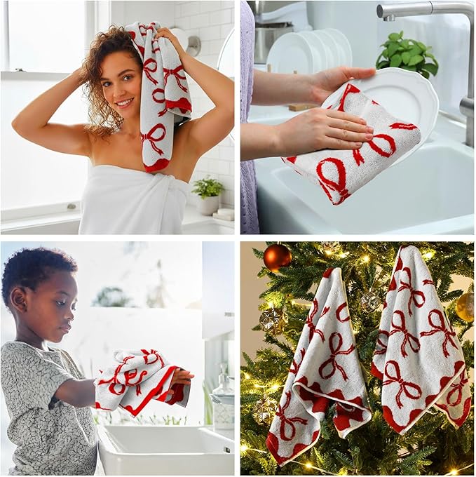 4 Pcs Christmas Bow Hand Towels for Bathroom 13 x 29'' Soft 100% Cotton Red Christmas Face Towel Kitchen Decor Absorbent Preppy Bathroom Decor Bridal Shower Wedding Gift