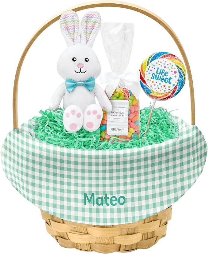 Let's Make Memories Personalized Easter Basket for Kids- For Boys - For Girls - Create Your Own - Fillable - Wicker - Easter Basket Stuffers - Large - Green Spring Gingham