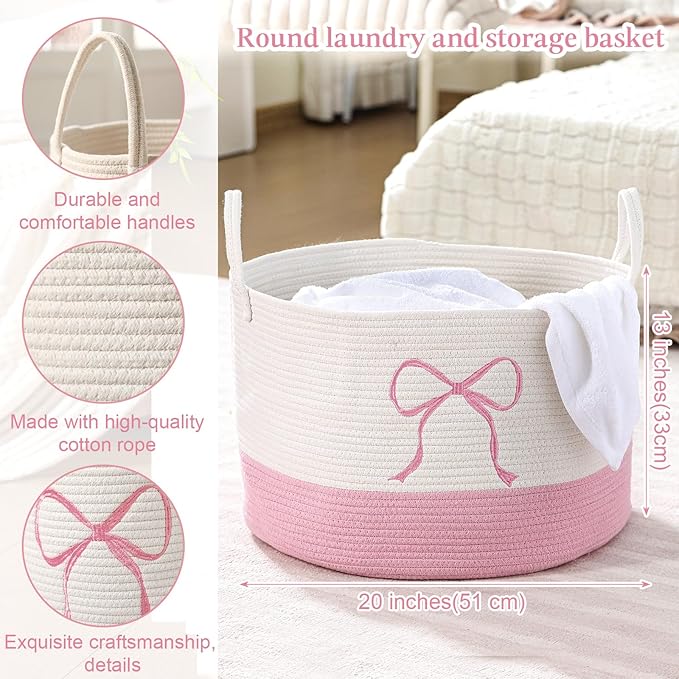 Honeydak Pink Laundry Basket Bow Hamper Cotton Rope Pink Laundry Hamper 13 x 20 Inch Toy Box Large Coquette Bow Girly Nursery Basket Storage for Bedroom Bathroom Blanket Toys Clothes Organization