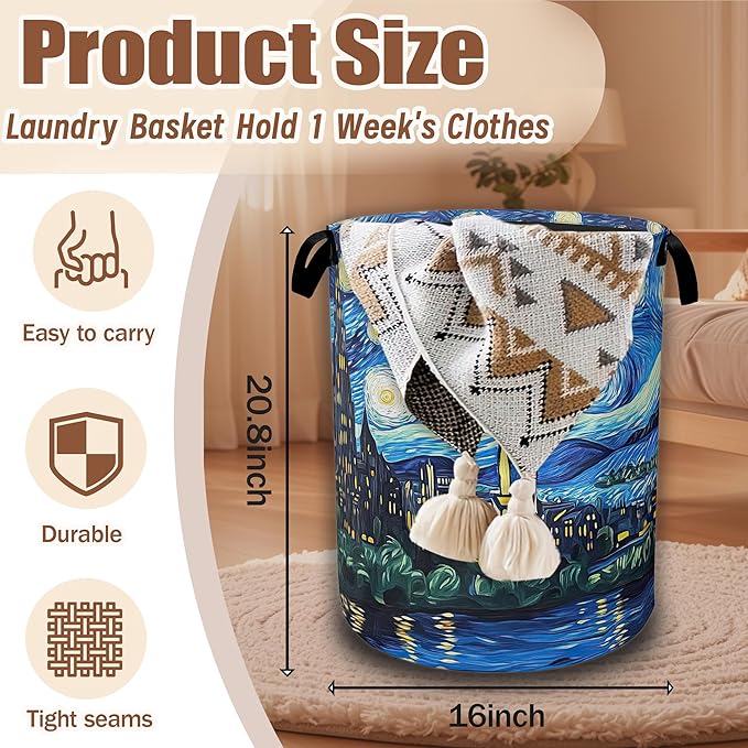 Starry Night Laundry Basket,Waterproof Foldable Laundry Hamper,Dirty Clothes Basket, Linen Bin Storage Organizer Collection 16" x 20.8"