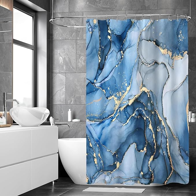 4 Pcs Blue Marble Shower Curtain Sets with Rugs Gold Bathroom Sets with Shower Curtain and Rugs Modern Abstract Bathroom Decor Accessories Shower Curtains for Bathroom Toilet Lid Cover