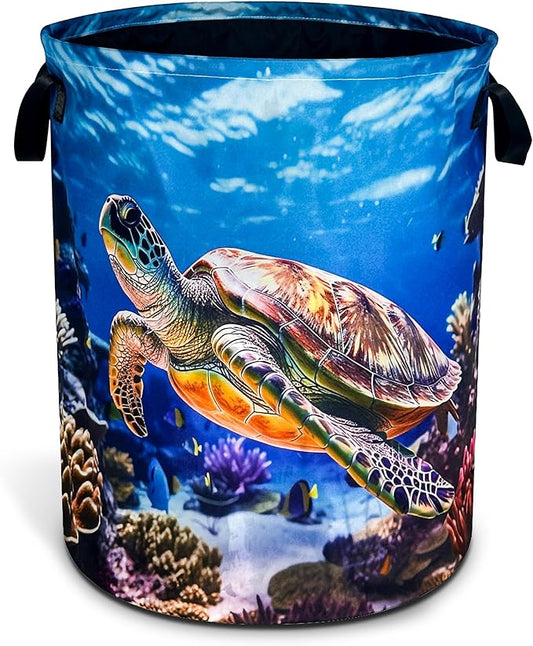 Sea Turtle Laundry Basket Animal Foldable Oxford Cloth Funny Tote Bag Laundry Hamper Clothes Storage Bucket Organizer For Bathroom/Laundry Storage/Bedroom 17.7x13.7 Inch