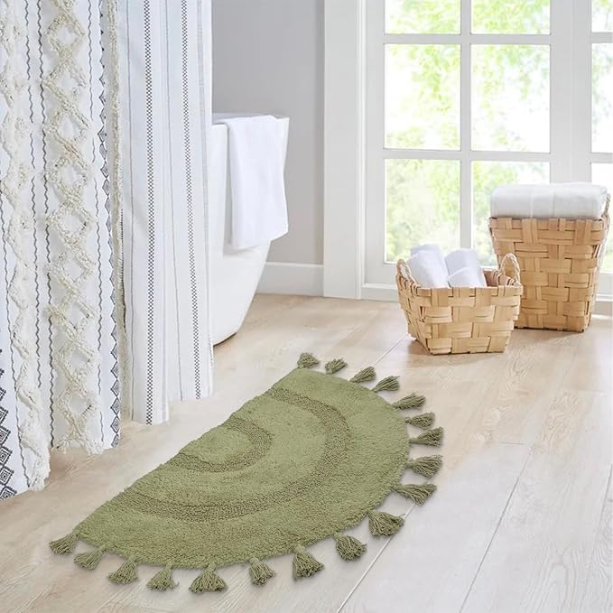 Half Circle Boho Bathroom Rugs with Tassels 100% Cotton Hand-Woven Bath Mat Non Slip Absorbent Bath Rugs with Rug Pad Washable Boho Bath Mat Carpet for Tub, Shower 20"x32",Sage Green