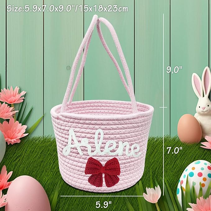 Personalized Easter Basket for Boys Girls Custom Name Baskets with Handle Woven Rope Rabbit Eggs Bucket Gifts