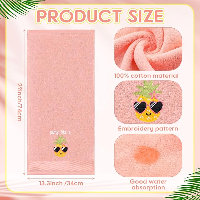 2 Pcs Party Like a Pineapple Hand Towels Coral Bathroom Decor 14x29 Inch Embroidered 100% Cotton Soft Absorbent Spring Summer Decorative Hand Towels for Bathroom Kitchen
