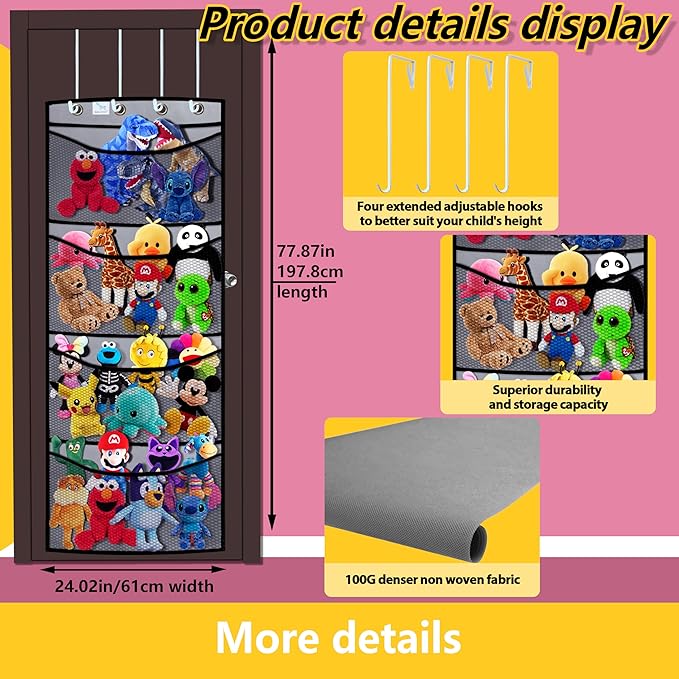 stuffed animal storage,The solution you have been looking for,stuff animal organizer,Holds a lot,toy storage,Way better than the ceiling hammocks,over the door,stuffy storage,Grey+Black