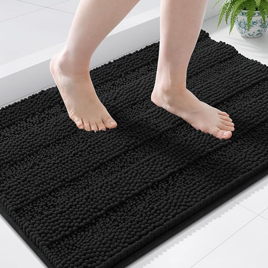 Grandaily Chenille Striped Bathroom Rugs 36x24, Extra Thick and Soft Absorbent Bath Mats, Rubber Backing, Plush Shaggy Shower Carpet, Machine Wash Dry, Bath Rug for Bathroom, Deep Black