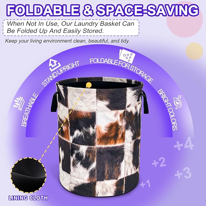 Cows Print Laundry Basket Brown Black Cowhide Oxford Cloth Laundry Hamper Funny With Handle Foldable Portable Clothes Storage Basket 18.9 X 16.5 Inch Storage Bag For Laundry Room/Bathroom/Bedroom