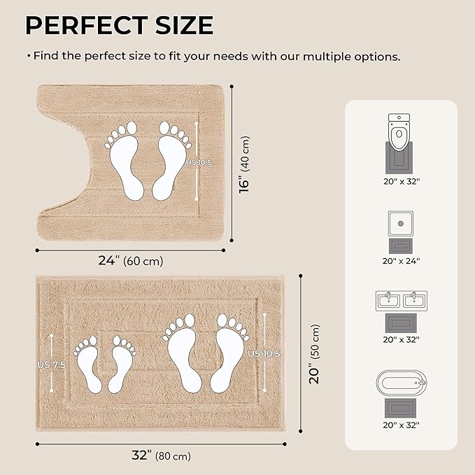 GRANNY SAYS Bathroom Rugs Sets 2 Piece, Soft Absorbent Microfiber Bath Mats for Bathroom Non Slip Washable, U-Shaped Toilet Bath Rugs for Tub Shower (Beige, 20" x 32" + U Shaped 20" x 24")