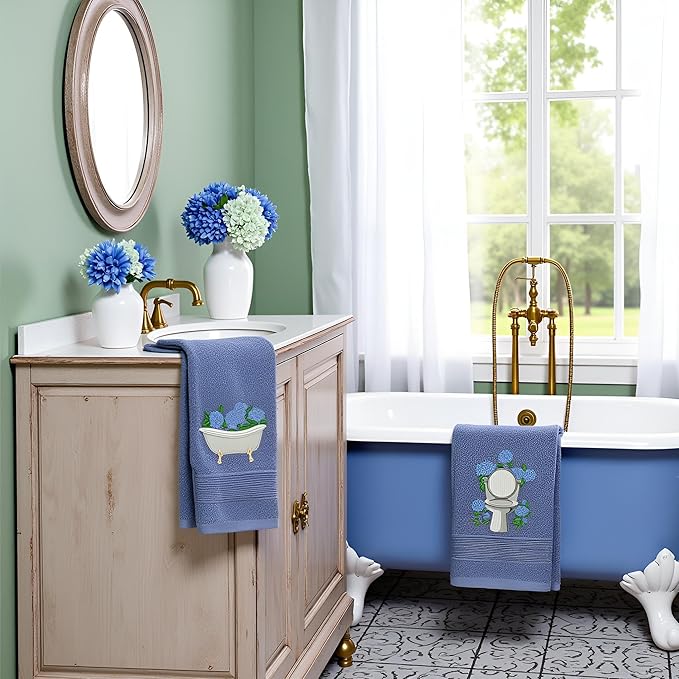 2pcs Blue Hydrangea Hand Towels for Bathroom Decorative Towels Set 100% Cotton cute Embroidered Spring summer floral bath towels dish kitchen towels Farmhouse Bathroom Decor Gift (Blue Hydrangea)