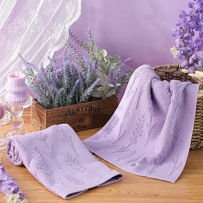 2 Pcs Lavender Hand Towels for Bathroom Purple Lavender 100% Cotton Jacquard Weave Bath Towel Set Soft Absorbent Dish Washcloth for Summer Women Bathroom Kitchen Gifts 13.8 x 29.5 Inch