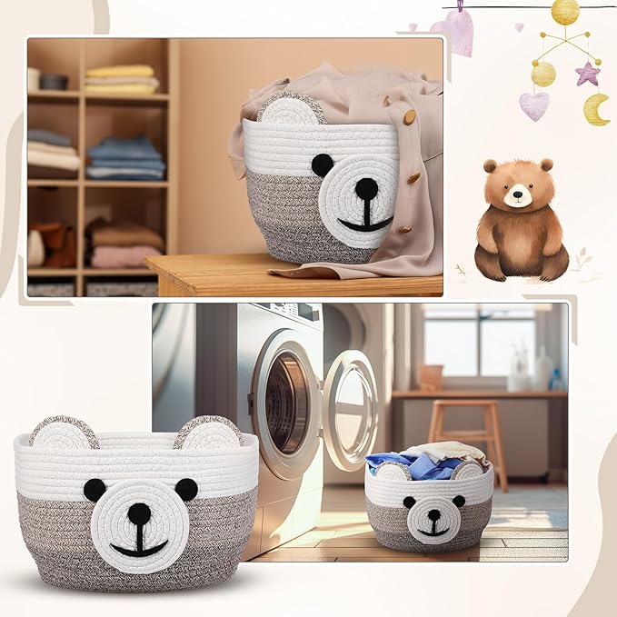 Zopeal Bear Basket 13" D x 9.5" H for Nursery Cotton Rope Woven Cute Storage Basket with Handles Animal Hamper for Baby Shower Laundry Bathroom Home Decorative