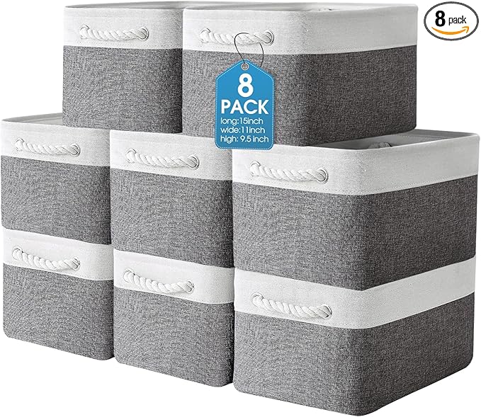 meekoo 8 Pack Collapsible Storage Bins Fabric Storage Bins Polyester Fabric Baskets with Handles Linen Closet Organizer for Shelf Home Closet Towels Toys(15 x 11 x 9.5 in,Gray White)