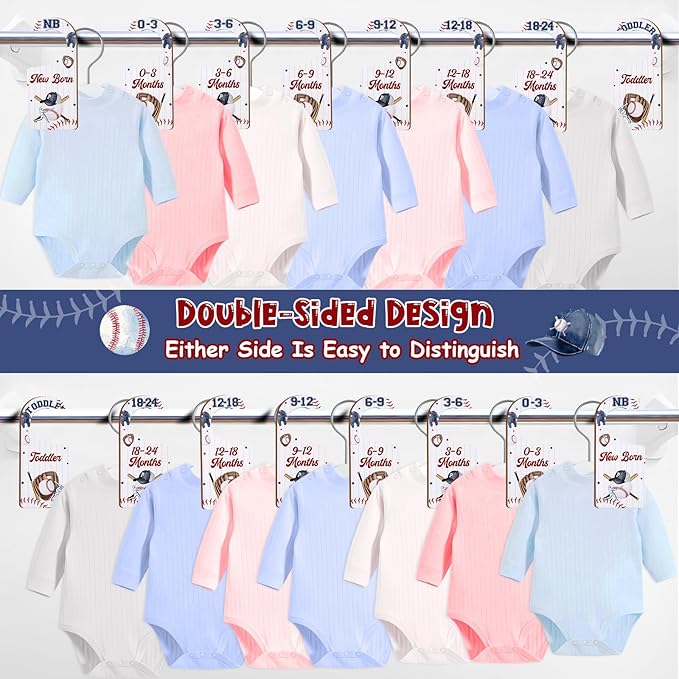Baby Closet Dividers 8PCS, Baseball Theme Wooden Double-Sided Clothes Size Hanger Organizer from Newborn to Toddler for Nursery Decor Baby Shower Birthday Gift (Includes Gift Box)