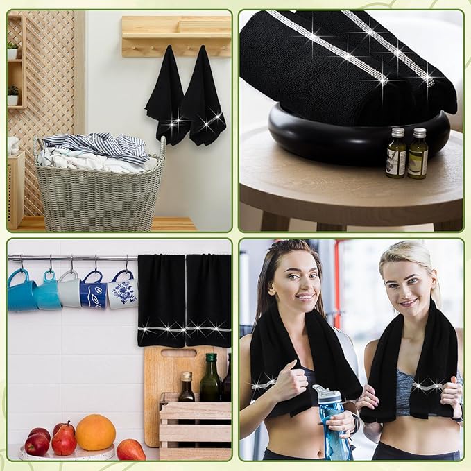 2 Pcs Black Sparkling Hand Towels with Rhinestones for Bathroom 100% Cotton Glitter Soft Elegant Hand Bath Towels Absorbent Machine Washable for Spa Yoga Hotel Sport, 29.5" x 13.8"