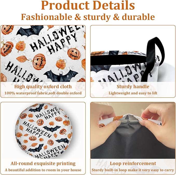 Halloween Pumpkin Bat Laundry Basket with Sturdy Handles, Happy Halloween Collapsible Oxford Cloth Laundry Hamper Organizer Basket for Bathroom Bedroom 15.7x20 Inch