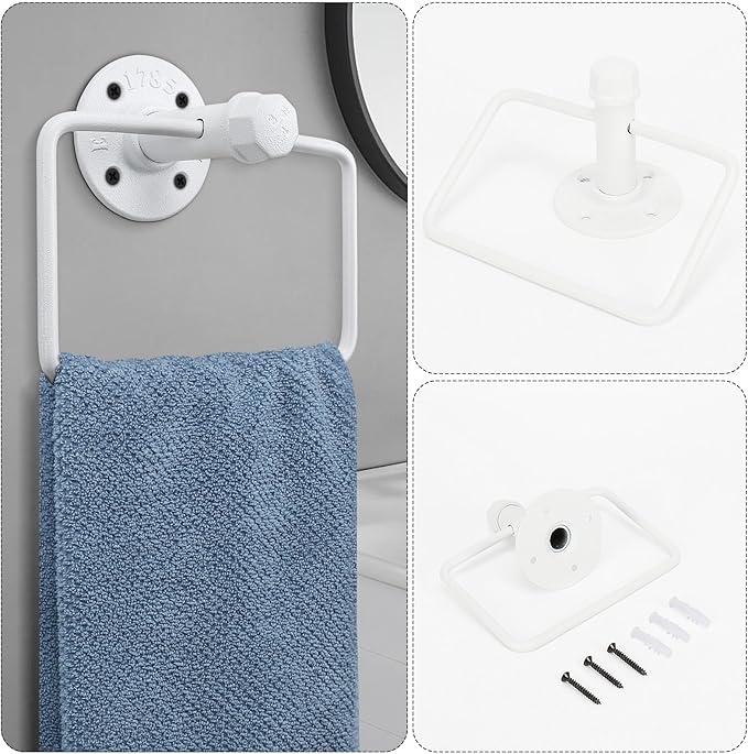 4-Pieces Industrial Pipe Bathroom Towel Ring Kit DIY Wall Mount Accessories Kit Includes Robe Hook Towel Bar and Towel Ring (White 24 inch)