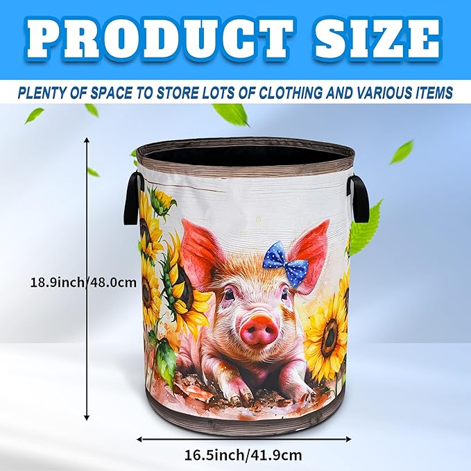 Cute Pig Sunflower Laundry Basket Oxford Cloth Farm Animal Laundry Hamper With Handle Foldable Portable Clothes Storage Basket 18.9 X 16.5 In Storage Bag For Laundry Room/Bathroom/Bedroom/Dormitories